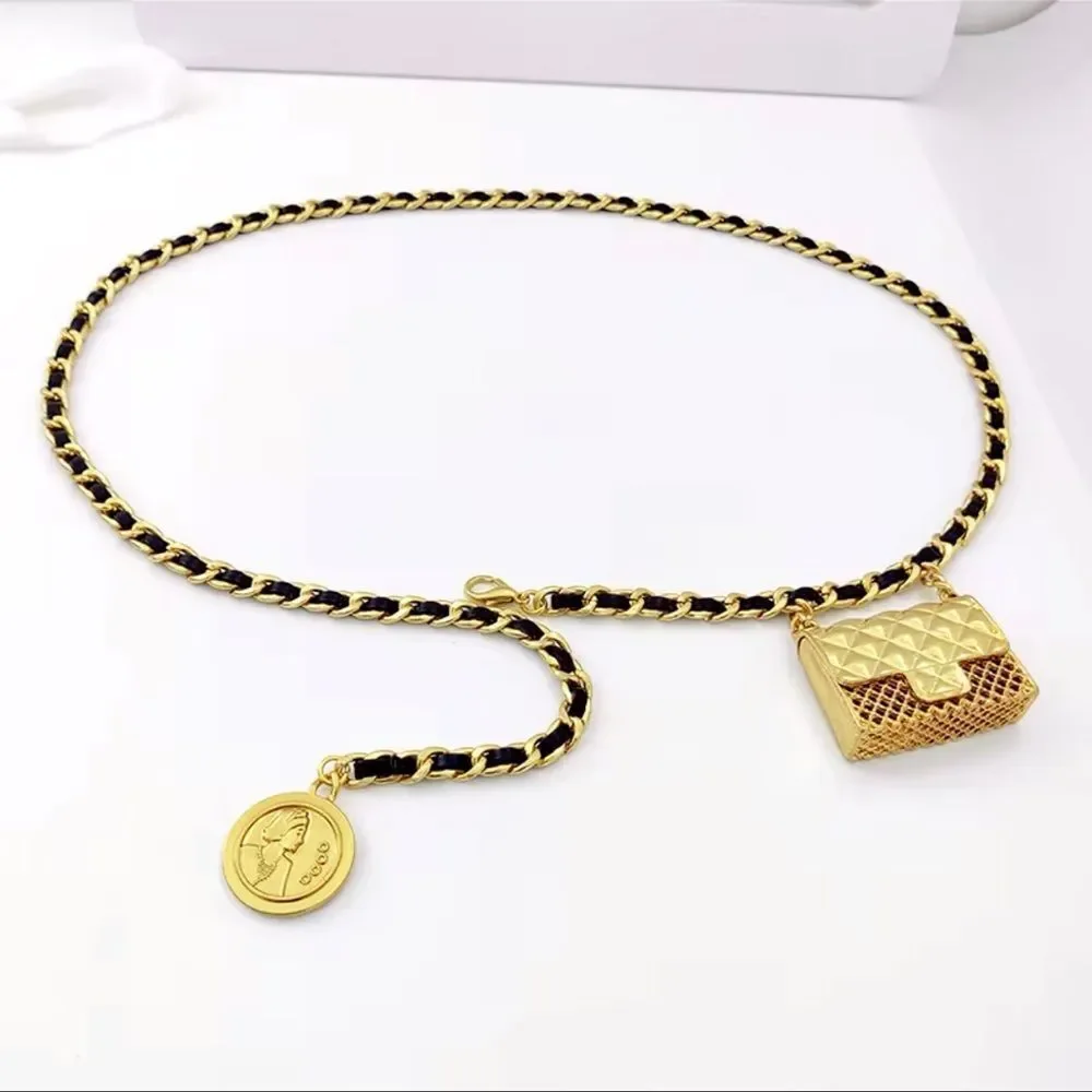 Anthro Black Gold Chain Belt With Designer Mini Charm Bag